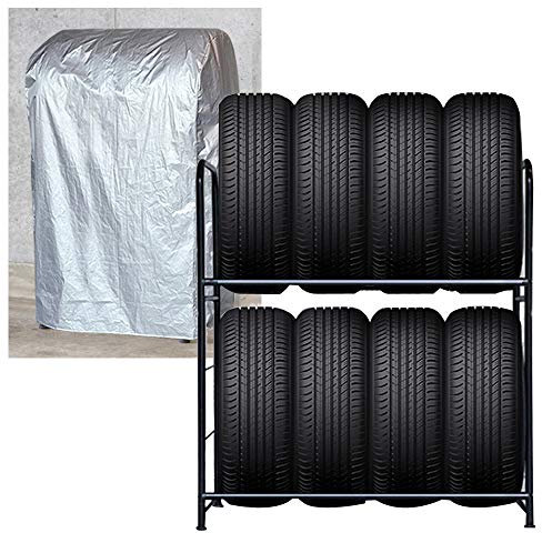 AufuN Reifenregal Reifenständer für 8 Reifen, Lagerregal Schwerlastregal Werkstattregal in Zwei Schichtenn, Schwarz Pulverbeschichtet Rostschutz mit Schutzhülle, Tragkraft 180KG, 107×46×117 cm