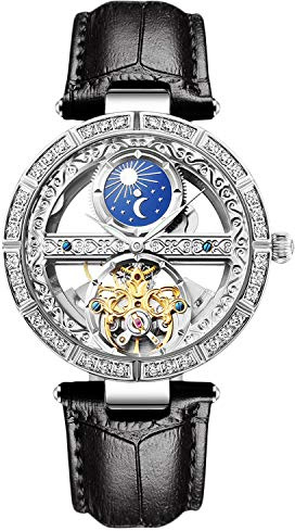 RORIOS Orologio da donna meccanico automatico da donna, orologio da polso in vera pelle, carica automatica da donna, Nero a, Cinghia