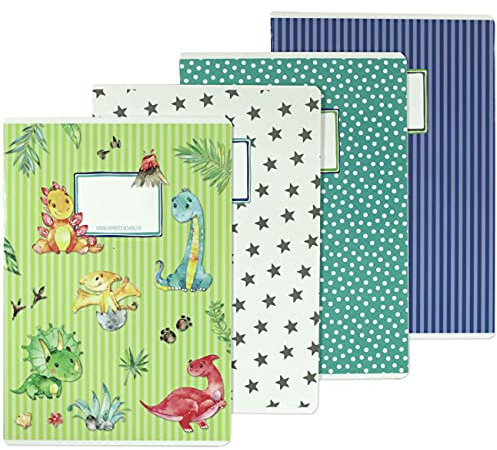 Papierdrachen 4 hochwertige Schulhefte für Kinder DIN A4 | liniert und kariert 32 Seiten - Motiv Dino - zur Einschulung für Grundschüler - Set Nummer 4-16 Blatt