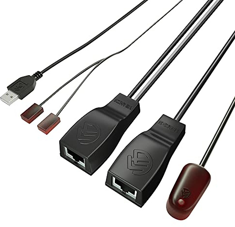 SZBJ Repetidor IR, extensor de control remoto IR, sistema repetidor infrarrojo, se aplica a conexión de cable Ethernet Cat6/Cat5e/Cat7 (emisor IR de doble cabeza)
