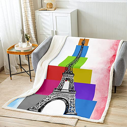 Eiffelturm von Frankreich Fleece-Decke Rot Blau Batik-Bettdecke 75 x 100 , bunte quadratische Gitter-Überwurfdecke Flanell-Decke mit romantischem Stadtgebäude, Aquarell-Paris-Themen-Bett-Stuhl-Dekor