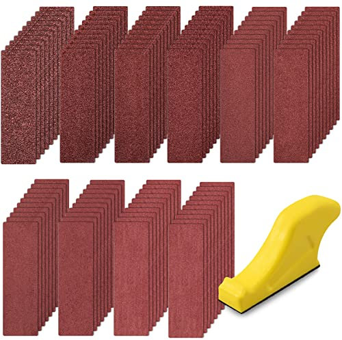 SIQUK 100 Pièces Feuilles Abrasives avec Bloc de Ponçage à Main, Papier Abrasif Grain 40/60/80/120/180/240/320/400/600/800 Papier Verre pour Poncage