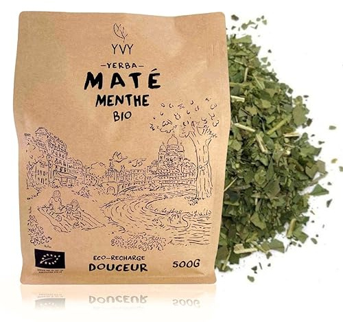 YVY MATÉ Yerba Maté Bio Menthe 500g | BIO Équitable et Non Fumé | Sans Tige | Parfait pour débuter et profiter des bienfaits en douceur | Menthe Douce | Boisson énergisante