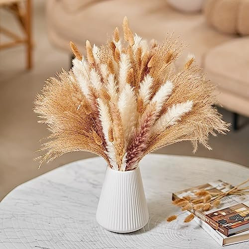 120 Stück Pampas Grass Deko, Pampas Grass Natürliche Trockenblumenstrauß, Weizen Getrocknet Bunny Tails, Pampas Boho Deko für Wohnzimmer Tisch Schlafzimmer Hochzeits Badezimmer, 42 cm