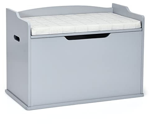 COSTWAY Wooden Toy Box, Kids Bench and Storage Chest with Cushion, Safety Hinged Lid & Handles, Children's Organizer Cabinet for Playroom Bedroom (Grey)