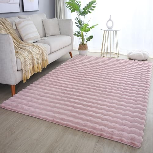 SIMPEX Teppich 200x290 cm Rosa, Flauschiger Teppich in Felloptik mit Hoch-Tief Struktur & Bubble-Design, Super Weich, Plüschig, Ideal für Wohnzimmer & Schlafzimmer