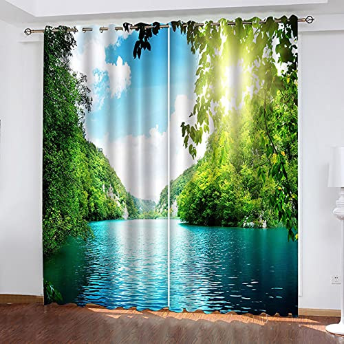 Blickdichter Vorhang 3D Hd Sonnenschein Waldsee Druck Verdunklungsvorhänge Mit Ösen H 166 X B 150 cm - Thermogardine Ösenschal 2Er Set Für Wohnzimmer Schlafzimmer Fensterdekoration Kinderzimmer