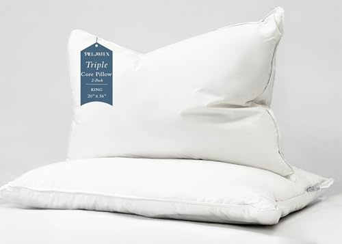 King Size Triple Chamber Duck Down & Feather Pillow – Hotel Style Luxury Bed Pillow for Side & Back Sleepers, Soft Medium Support, Fluffy Fill with 100% Cotton Down-Proof Cover - 2 Pack