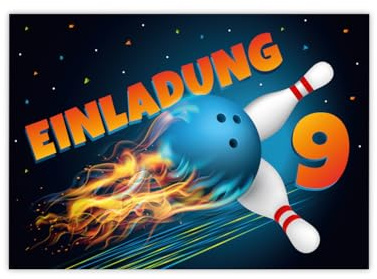 Minkocards 12 Einladungskarten zum 9. Kindergeburtstag Kegeln Bowling Jungen Mädchen Einladung neunte Mädchengeburtstag Jungsgeburtstag