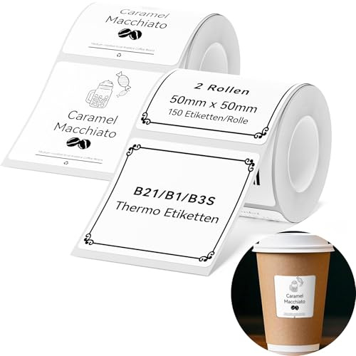 2 x Etiketten Kompatibel mit NIIMBOT B1 B21 B3S Etikettendrucker, 50 x 50mm Etikettierpapier, Schwarzer Druck auf Weißem Etikettierpapier, 150 Etiketten/Pro Rolle (Weiß)