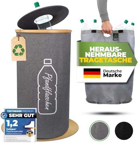 COTTARA® Pfandflaschen Sammelbehälter mit Deckel inkl. Tragetasche | Pfandbehälter mit Einwurf | Ideal als Pfandflaschen Behälter Flaschensammler Leergut Sammelbehälter für Küche 80L (Grau)