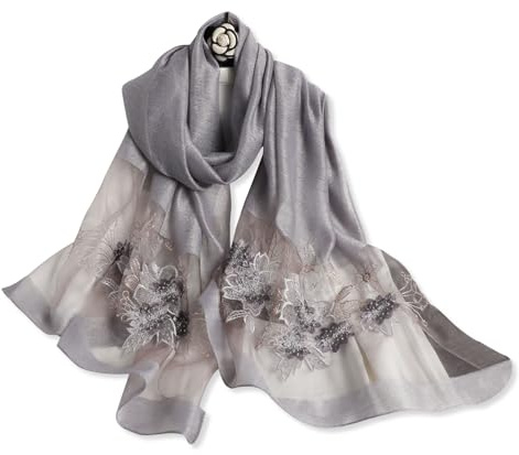 LumiSyne Seidenschal Chiffon Schal Damen Heikel Ginkgo Biloba Stickerei Transparenter Tüll Leichte Weich Lange Halstücher Sonnenschutz Stola Durchsichtiger Schal Frühling Herbst