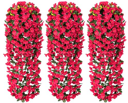 LOMOHOO Künstliche Hängeblumen Pflanzenfür Draußen,3PCS Seidenblumen Lila Morning Glory Reben Balkonpflanzen Wie Echt für Haus Drinnen Pflanzer Porch Patio Balkon Garten