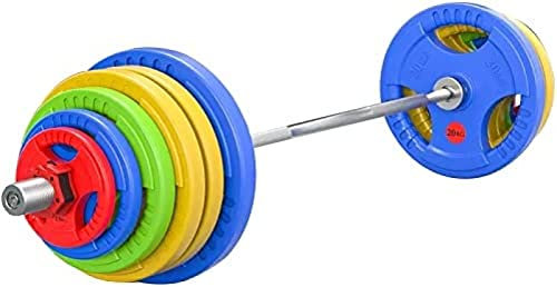 Langhantel-Gewichtsset, 150 kg, Gusseisen-Gummi-Olympia-Langhantel-Set, inklusive 220-cm-Olympiastange und Hantelscheibe, mit rutschfesten Schnallen, Krafttrainingsgerät für Heimtraining, 15