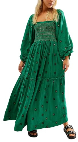 Miolasay Women 3D Embroidered Flowers Maxi Dress Square Neck Puff Sleeve Tiered Long Dress Bohemian Backless A-line Flowy Dress (B-Dark Green, S)