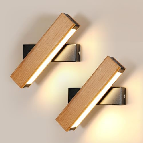 SENQIU 2 Stück Wandleuchte LED Innen, 4W Holz LED Moderne Wandlampe | 350 ° Drehbarer Led Wandbeleuchtung Innen für Schlafzimmer Wohnzimmer Flur Treppe Verwendet, Warmweiß 3000K