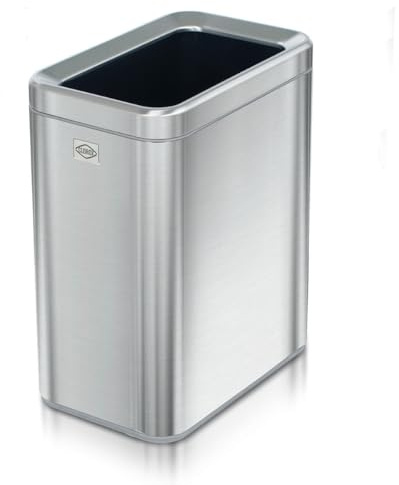 Clorox Slim Open Trash Can - 2.6 Gallon (10 Liter) Small Metal Waste Basket with Removable Bucket for Narrow Spaces - Stainless Steel Garbage Bin for Bathroom, Bedroom, or Office