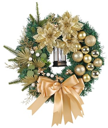 TianWlio Weihnachtskranz für Haustür Türkranz Weihnachten Heiliger Weihnachtskranz mit beleuchteten Lichtern Weihnachtsszenenkranz Weihnachtskranz mit warmen Weihnachtsdeko Innen (Gold One Size)