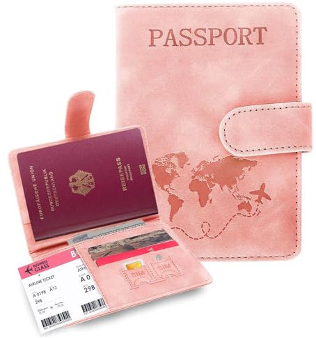 TAKUZA Reisepasshülle, Passport Hülle mit RFID-Blocker, Kunstleder Schutzhülle Passport Cover, Reisepass Hülle für Damen/Herren, für Reisepass, Bordkarte, SIM-Karte, Ausweis, Kreditkarte (Rosa)