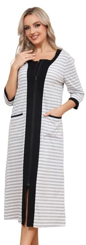 Alunsito Damen-Bademäntel mit Reißverschluss Nachtwäsche mit halbem Ärmel Loungewear Herbst/Winter Farbblock Lounge-Nachthemd mit Taschen