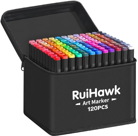 RuiHawk Filzstifte Marker Set, 120+2 Farben Alkohol Marker mit Feinspitze & Breitspitze, 2-Sekunden Schnelltrocknend, Alkohol Stifte mit Anti-Seepage Abstandshaltern für Malerei, Design