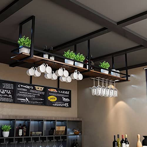 XCHSXYL Mensole galleggianti a soffitto - Portabottiglie sospeso, portaoggetti in Ferro retrò da Parete, portabicchieri da Vino in Legno massello da Cucina, portabottiglie sospeso Facile da installa