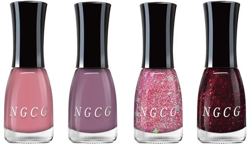 4PCS Nagellack Set - Schnell Trocknend & Langanhaltend Pink Lila Rot Glitzer Effekt Nagellack - Rosa Nail Polish ohne UV Lampe - Regular Nagelkunst für DIY Nageldesign