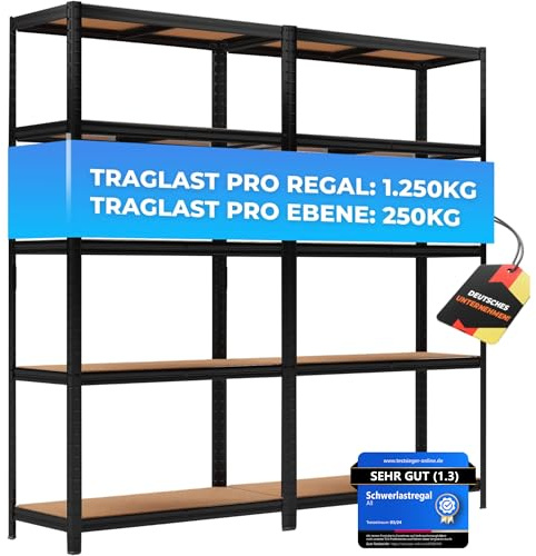 ALL Premium Schwerlastregal 180x90x40cm - 2er Set Schwarz 1250kg Traglast stabiles Kellerregal Metall, Lagerregal & Vorratsregal ideale Regale für kellerraum, Regal Keller & abstellraum Regal
