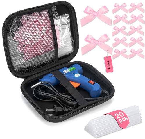 Mini Glue Gun and Sticks Set with Mini Pink Bows - 50 Pcs, 20 Pcs Glue Sticks and Tiny Bows with Hard Shell Carry Case for School DIY Crafts Arts Wedding Party Favors, Gift Box Decorations