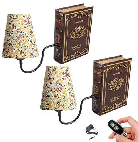 FSLiving LED Buchlampe mit Fernbedienung, Vintage Dimmbar Nachttischlampe mit Stoffschirm 1xE27-Fassung, Wiederaufladbare Tischlampe Zeitschaltuhr für Nachttisch Beistelltisch DZ0365-HSH-X2