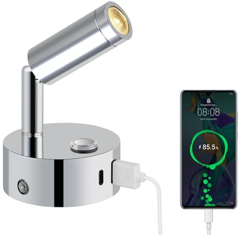 ERWEY 12V LED-vägglampa Sänglampa Med Strömbrytare Dimbar 3000K-6000K, DC 12V-24V Spotbelysning Med USB A + C-anslutningar för Husbil, Båt och Husvagn, Silver