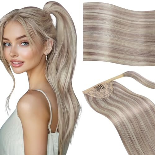 Vivien Blond Zopf Extension Echthaar 30 cm Haarverlängerungen Pferdeschwanz Haarteil Echthaar Aschblond Highlight Kurz 70g #18/613