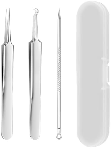 Set di attrezzi brufoli rimozione punti neri professionale in acciaio inox acne imperfezioni della pelle, strumento di rimozione comedoni, con scatola di plastica e pinzette, per acne bianca sul naso