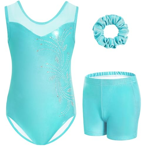 Gogokids Flickor, ärmlös, strass, gymnastikset, 3-delat barn, leotard med shorts och hårband, mesh-insydd halsringning, gymnastikdräkt, flickset i åldern 3–12, perfekt som en gåva för gymnastik