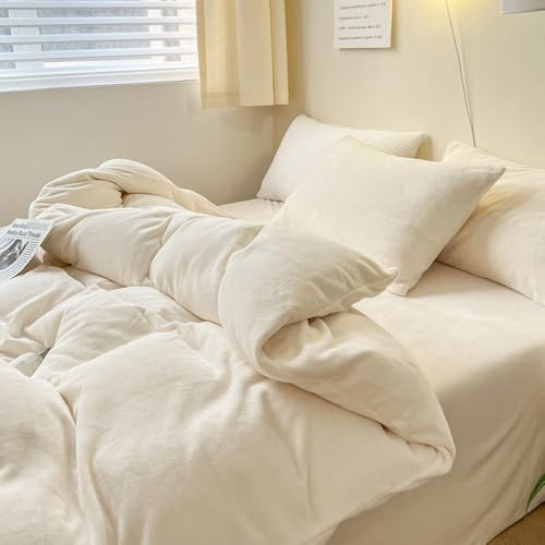 Nyescasa Housse de Couette Flanelle 220x240 Beige Polaire Chaude Hiver Ensemble Parure de Lit Adulte 2 Personnes en Peluche Velours Doux Linge de lit avec Fermeture Éclair et 2 Taies d'oreiller 65x65