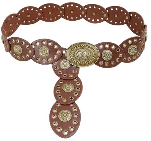 BelleFlair Western Gürtel Damen Breiter Boho Vintage Taillengürtel aus PU Leder Hohle Scheibe mit Metallschnalle Chunky Hüftgürtel für Kleider und Jeans