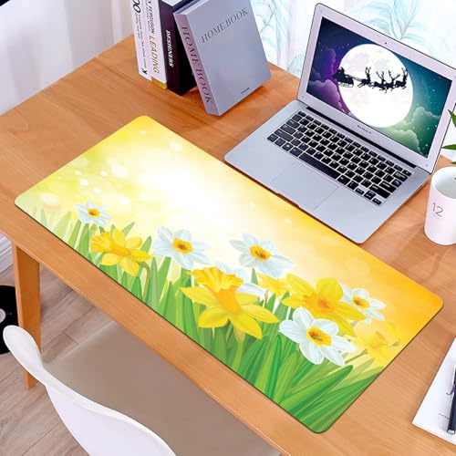KDWJS Gaming Mauspad XXL 90x40cm Mousepad Groß Vernähte Kanten Anti-Rutsch für PC,Narzissen blühen im üppigen grünen Gras, beleuchtet vom glitzernden S,Laptop Verbessert Präzision und Geschwindigkeit