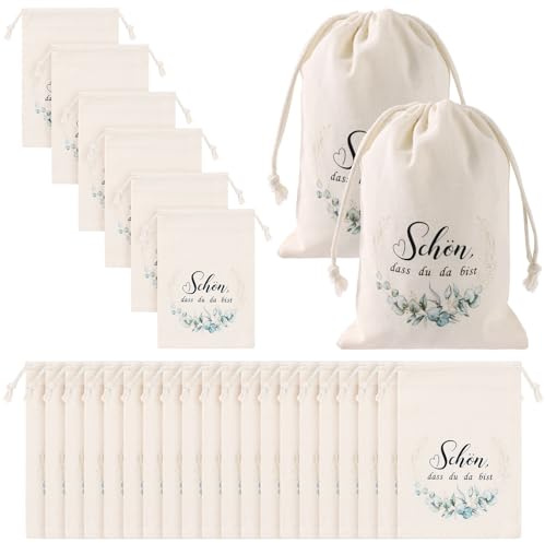 24 Stück Baumwollsäckchen, 15x20cm Baumwollbeutel mit Kordelzug | Geschenkbeutel Stoff, Schön dass du da bist Gastgeschenk Leinenbeutel, Für Hochzeit Party, Gastgeschenke, Geburtstagsparty