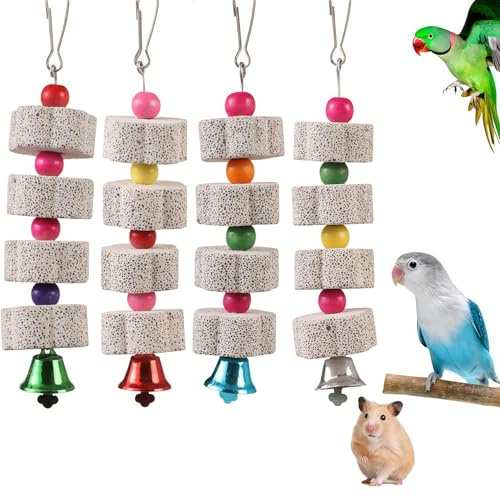 4pcs Pietra di Calcio per Pappagalli Becco di Macina per Uccelli Becco di Seppia per Macinare la Pietra Giocattoli da Appendere con Campana per Pappagalli di Piccoli Animali