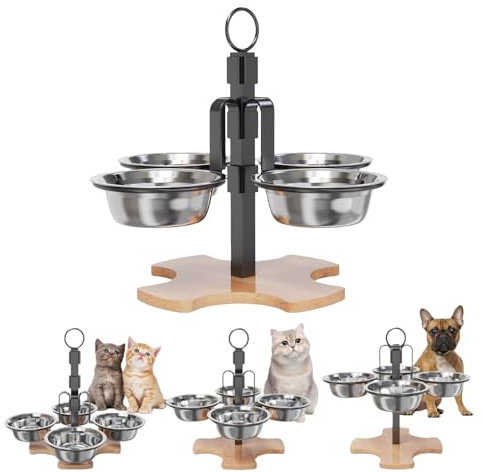 Gamelle surélevée pour chien et chat - Avec 4 gamelles en acier inoxydable - Support réglable en hauteur - Gamelle pour chat - Nourriture pour chat - Nourriture pour chat - Petits chiens