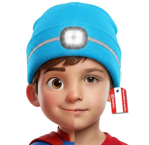 Gebol Haube LED Kinder 1 Stück, Beanie mit Licht & Reflektionsstreifen für Sicherheit, USB wiederaufladbar, Wintermütze mit 4 Leuchtmodi, Universalgröße