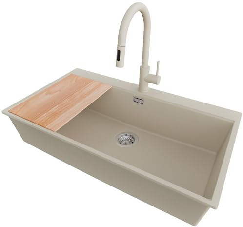 PRIMAGRAN Fregadero Granito al Mueble 90cm + Grifo, 88x50cm | Set: Grifo BW9010 + Kit de desagüe + Tabla de Cortar + Oslo 90 Top 1 Seno para Cocina, Beige