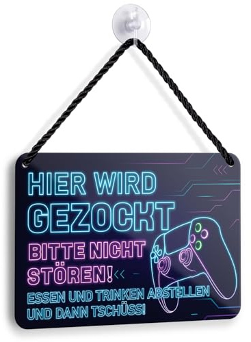Blechschild Hier Wird Gezockt - Gaming Zimmer Deko - Zocker Zubehör - Coole Sachen für Teenager Jungs - Geschenk Geburtstagsgeschenk Weihnachtsgeschenke für Jugendliche Gamer - 18x12cm (zocken 1)