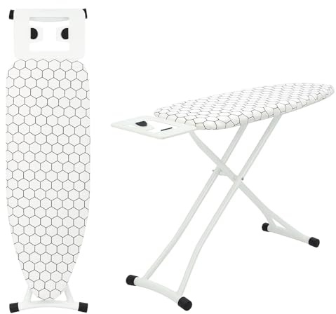 EVERGOODS Ironing Board 110x30 cm, Folding Adjustable Height Iron Board with 6 Height Levels (66–77 cm), Lightweight with Cotton Cover, Non-Slip Feet & Iron Rest for Home Use (White Square Pattern)