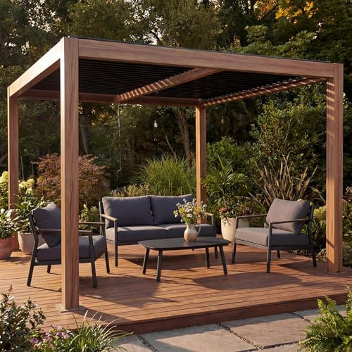 Mendler Pergola HWC-L46 10cm-Aluminium-Gestell 3x4m - Holzoptik | Gartenpavillon, Lamellen-Pavillon, Regenrinne, sturmfest