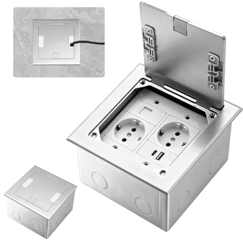 Bodeneinbausteckdose, 16A/250V Flache Versteckte Steckdose mit 2 EU Steckdosen und USB + Type C + CAT6 Anschlüssen,Wasserdichte Edelstahl Bodensteckdose für Zuhause, Hotel, Schule