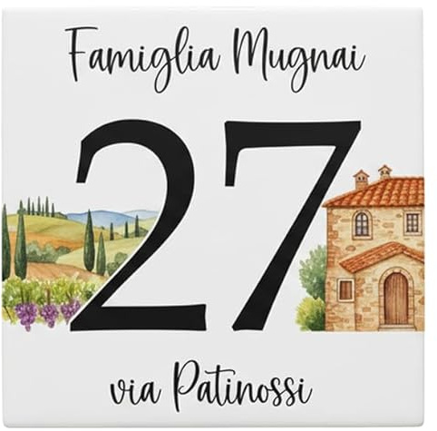 Numero Civico in Ceramica Personalizzabile Con la tua Regione Italiana, Targa Decorativa su Mattonella 11x11cm, con Indirizzo e Nome Famiglia, Made in Italy,Regioni Italiane (Toscana)