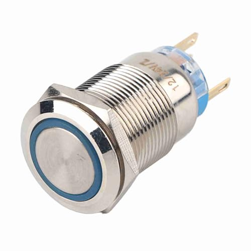 Interruptor Pulsador Estanco de Acero Inoxidable 19mm, 12-24V, Autobloqueo, Resistente al Agua - Alta Durabilidad, Protección IP65, Ideal para Uso en Exterior (azul)