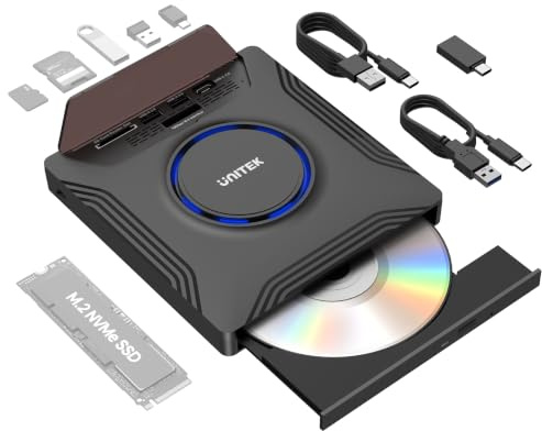 Unitek 7-i-1 extern CD/DVD-enhet för bärbar dator, 10 Gbps M.2 NVMe-plats, SD/MicroSD, USB-C/A, direkt CD-till-M.2-överföring för kontor och kreatörer