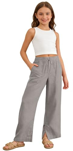 Pantalon d'été décontracté en lin pour filles - Coupe confortable et décontractée - Jambe large - Léger - À enfiler - Mélange de lin - Pantalon d'été décontracté et léger
